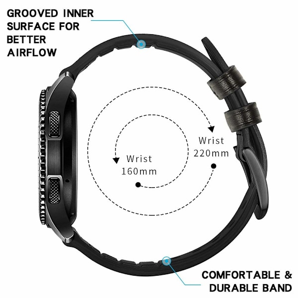 Armbånd Samsung Gear S3 Classic, Frontier, Galaxy Watch 22 mm Lær Svart