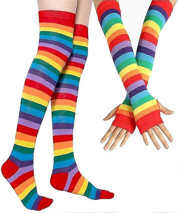 Over Knee Regnbue Lårhøje Strømper Handsker Sæt Cosplay Tilbehør Arm Ben Varmere