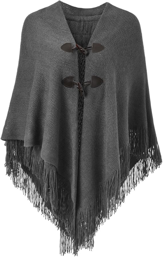 Afslappet ponchoscarf til kvinder med hornknapper, V-hals og V-kant C