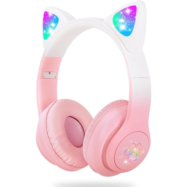 SENCU Trådlösa hörlurar Barn, Cat Ear LED Light Up Foldable Kids Bluz gradient pink