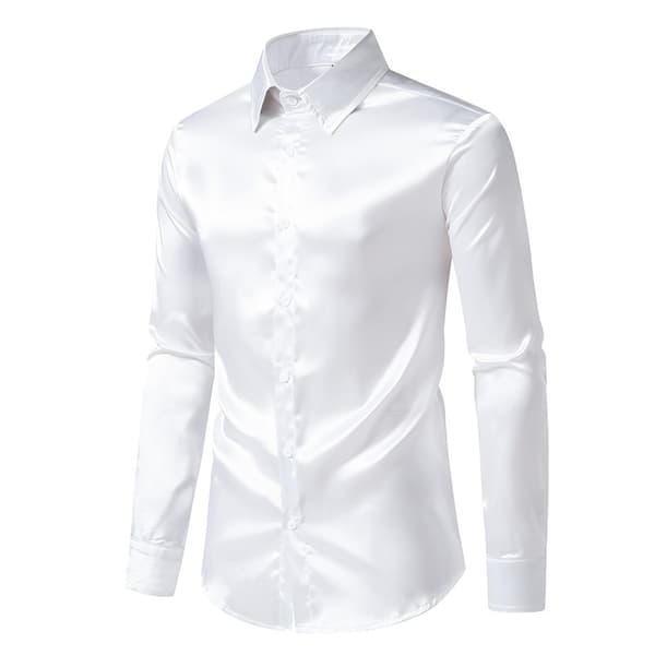 Herr glänsande smal passform satin långärmad skjorta vit white M