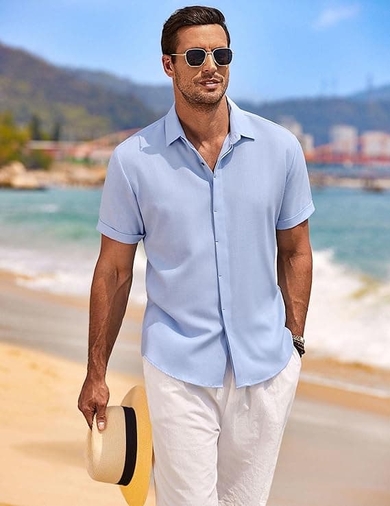 Linnedskjorter til mænd Kortærmede afslappede skjorter Button Down-skjorte til mænd Strand Sommer Himmelblå Sky Blue S