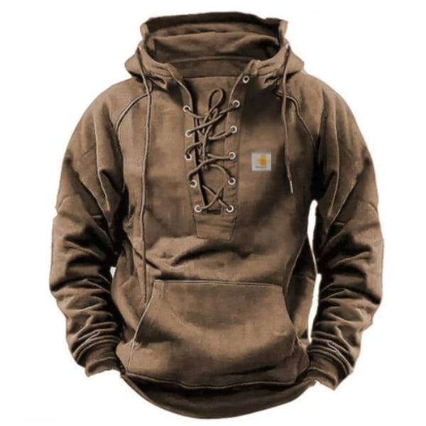 Herr Casual Strap Top Ficka Enfärgad Hooded Långärmad Topp Khaki Khaki L
