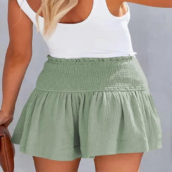 Kvinders Shorts Bomuld Høj Elastisk Talje Plisseret Flæse Søde Shorts Strand Flydende Casual Shorts S-XL Grøn Light green M