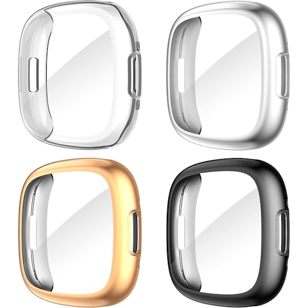4-pak etui til Fitbit Versa 4/Sense 2 skærmbeskytter, HD stødabsorberende blødt TPU fuld beskyttelse skærmbeskyttelsesetui til Fitbit V Black+Silver+Rose Gold+Clear