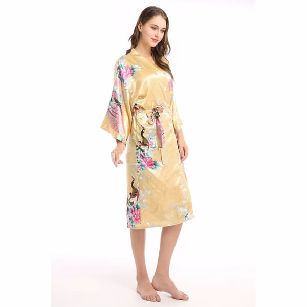 Myk silke kimono morgenkåpe hvit Yellow XXXL