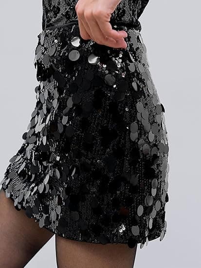 Paljettskjørt for kvinner, glitrende elastisk bodycon miniskjørt til fest svart black S