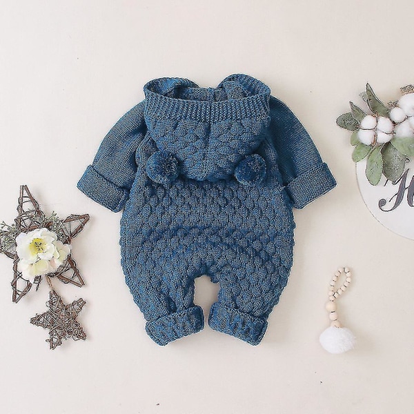 Nyfödd baby flicka pojke vinter varm kappa stickad ytterkläder huv jumpsuit Dark Blue 73