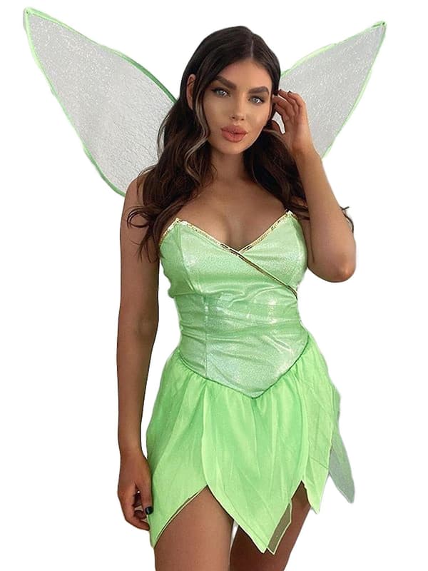 Féklänning för kvinnor, Tinker Bell, grön älvkostym med gröna vingar Grön Green M