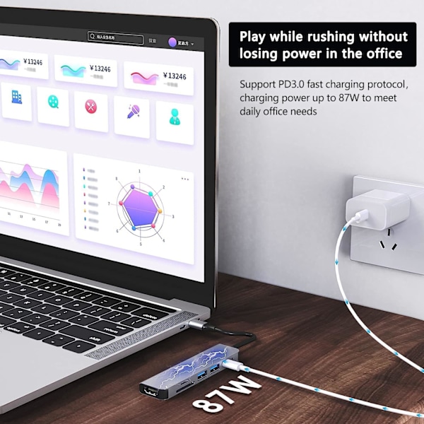 Hubb USB C, Multiport USB C-adapter til MacBook Pro, 6-i-1 USB C til HDMI-hub (4K HDMI USB3.0 USB2.0 SD/TF-kortlæser 87W PD)