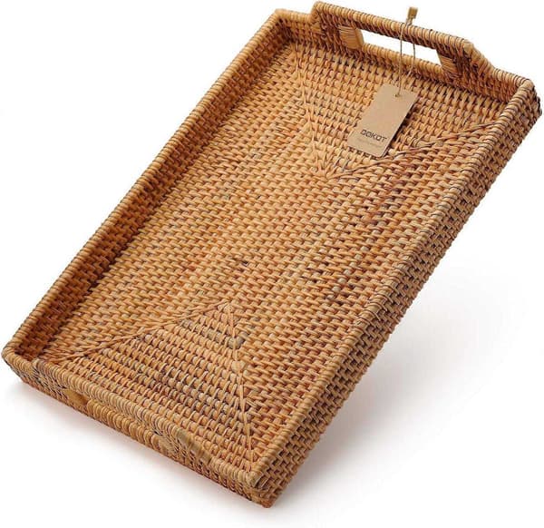 Handvävd Rektangulär Serveringsbricka i Rotting med Handtag för Frukost, Drycker, Snacks för Soffbord - Xin