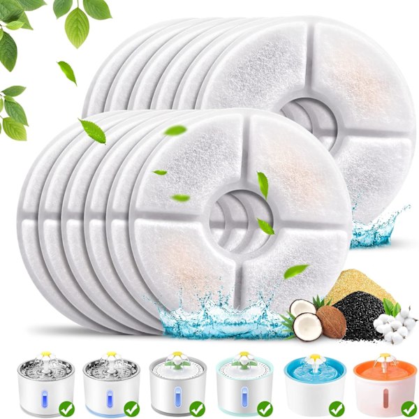 Kattvattenfontänfilter, 12-pack Ersättningsfilter Kompatibelt med 81oz/2.4L Kattvattenfontän, Multifiltreringssystem Aktiverat Kolfilter h Round-12P
