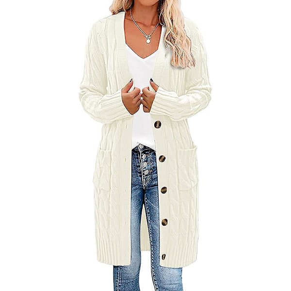 Dame Langærmet Kabelstrikket Lang Cardigan Åben Front Trøje med Knapper Yderbeklædning Hvid white 3XL