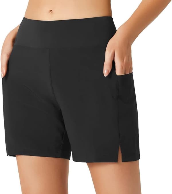 Badshorts för damer, hög midja med magkontroll och fickor för stranddagar black