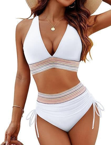 Høy midje bikini for kvinner med magekontroll, lyseblå white M