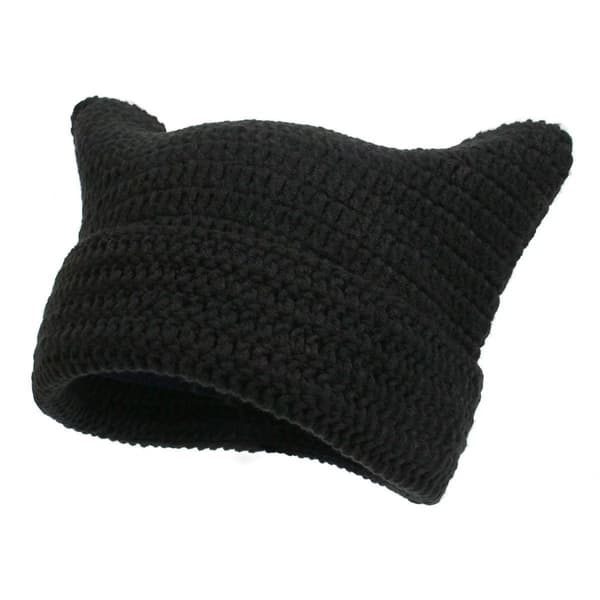 Stickad dammössa med kattöron, varm vintermössa black