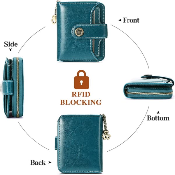 Damepunge Ægte Læder Lille Bifold Kompakt Damepung med RFID-beskyttelse A Peacock Blue