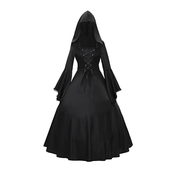 Kvindes Gotisk Victorian Hexe Vampyr Kjole Middelalderlig Renæssance Halloween Cosplay Hætte Kostume black L