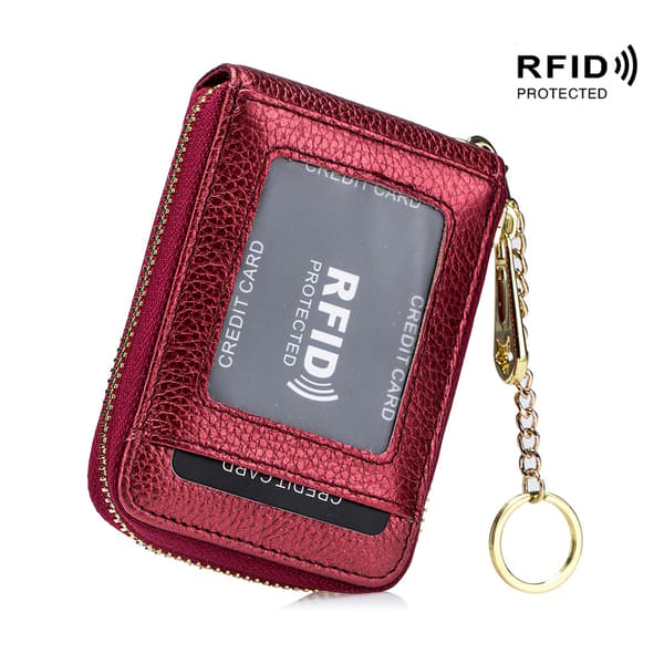 Kreditkortholder til kvinder med RFID-beskyttelse, ID-vindue, ægte læder, lynlås Red