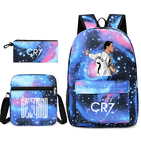 Fotbollsstjärnan C Ronaldo Cr7 ryggsäck med tryck runt om för studenter Tre-delad ryggsäck. Stjärnblå 3 Stjärnblå 3LYB Starry blue 3 Backpack pencil case