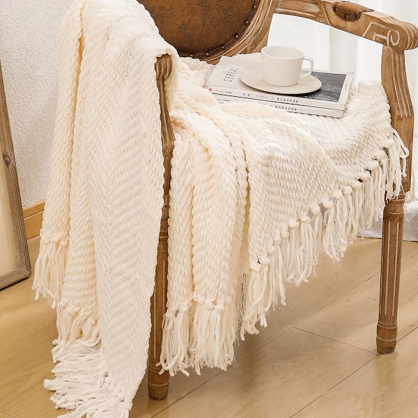 Texturerad Stickad Pläd med Fransar - Mjuk, Mysig Filt för Soffa, Säng, Vardagsrum - 127 x 165 cm off-white