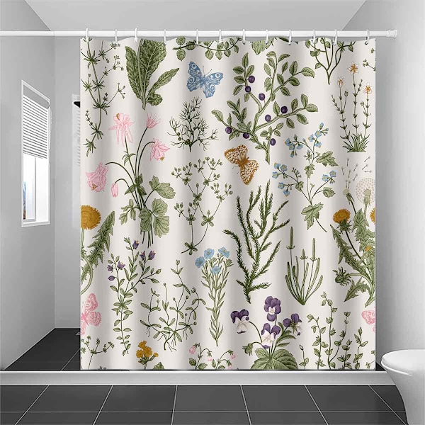Vintage Kukallinen Suihkuverho, Salviinvihreä Retro Kasvitieteellinen Suihkuverhosetti, Boho Kasvit Yrtit Kukka Perhonen Esteettinen Suihkuverho 180*180cm