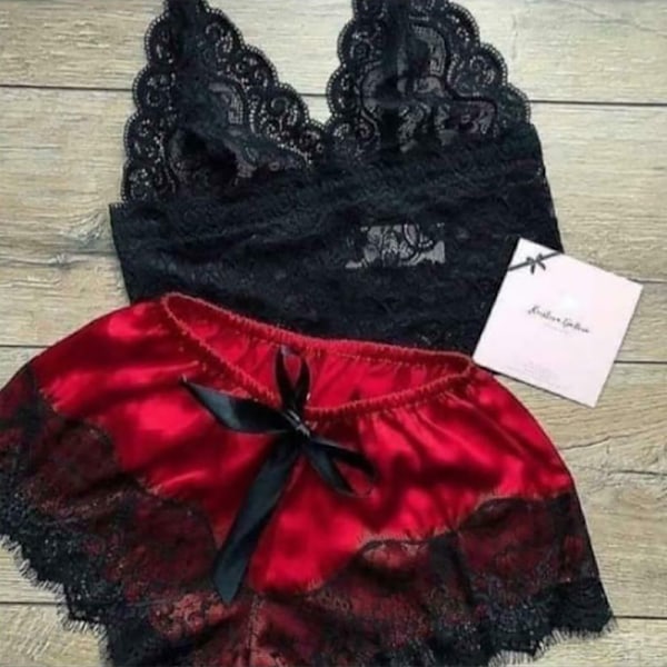 Sexiga underkläder för kvinnor spets crop tops & shorts pyjamas underkläder röd red S