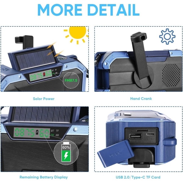 Handvevsradio med LCD-skärm, 2000mAh Bärbar NOAA Weather Solar Radio svartl