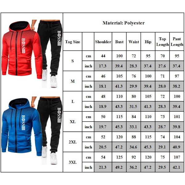 Herr \"Boss\" Tryckt Träningsoverall Set Dragkedja Hoodie Jacka Joggingbyxor Sportkläder Aktiva Kläder M-3XL Royalblå-Svart Royal Blue-Black 3XL