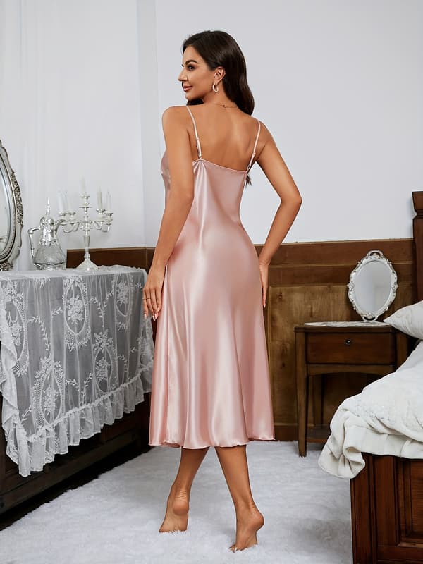 Solid Satin Slip Nattlinne, Elegant V-ringad Rygglös Nattlinne med Spagettiband, Damunderkläder & Klänningar Pink S
