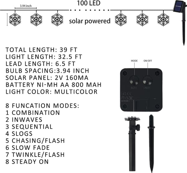 80 LED Julsnöflingor solcellsslinga för utomhusbruk, 10 meter