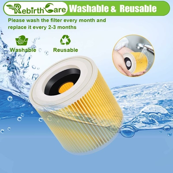 2-pack patronfilter för Kärcher WD3 Premium, WD2, WD3, WD3P, MV2, MV3 - WD3 filter - ersättningsfilter för Kärcher dammsugare 6.414-552.0/6 Hggb