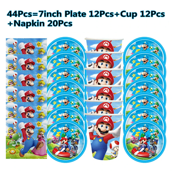 Marioed Super Bros Barnkalas Dekorationer Kalastillbehör Tallrik Mugg Servett Duk Babyshower Present Set 1-44Pcs