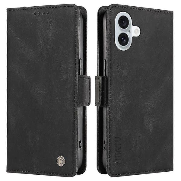 Kompatibel med iPhone 16 Plus Plånboksfodral Läder Telefonfodral - WELLNGS Black