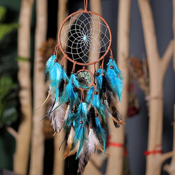 Drømmefanger Livets Træ med håndlavede fjer Native American Blå Drømmefanger - Livets Træ