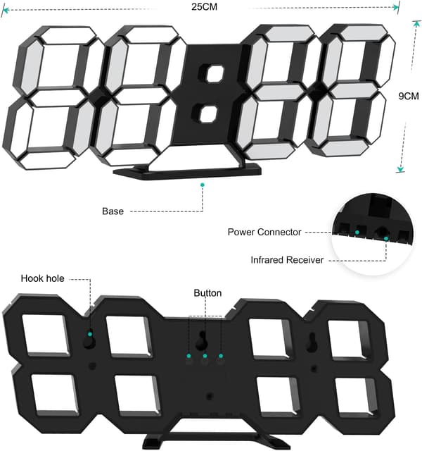 Musta 3D LED digitaalinen seinäkello suuri valoisa herätyskello äänellä