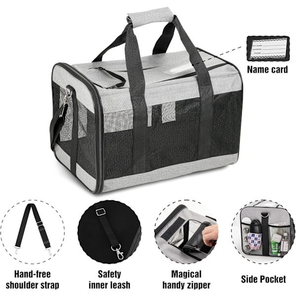 Transportbur för husdjur, mjuk kattbur, hopfällbar, hållbar, flygbolagsgodkänd, resevänlig (42*28*28 cm, grå) light gray