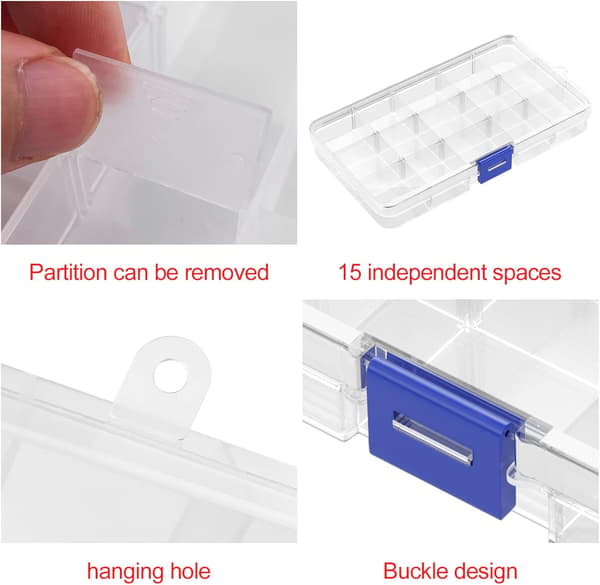 Oppbevaringsbokser i plast, 15 transparente rom, justerbare