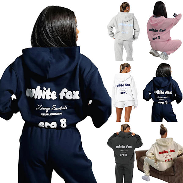 Vit ræv damemode vinter træningsdragt sport hoodie lange bukser casual outfit 2 stk./sæt sportstøj Sort Black 2XL