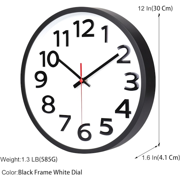 Väggklocka Tyst Icke-tickande 12 Tum/30 cm Modern Väggklocka Dekorativ Kvalitets Analog Kvarts Stor Klocka, 3D-siffror Lätt att Läsa, Svart Black