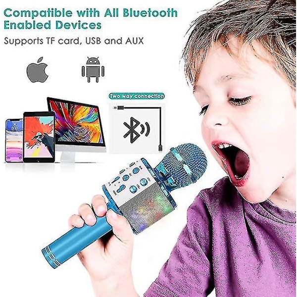 Trådlös mikrofon bärbar karaokemaskin, 5-i-1 karaokemaskin handhållen mikrofonhögtalare spelarinspelare med kontrollerbara led-ljus, justerbar rem