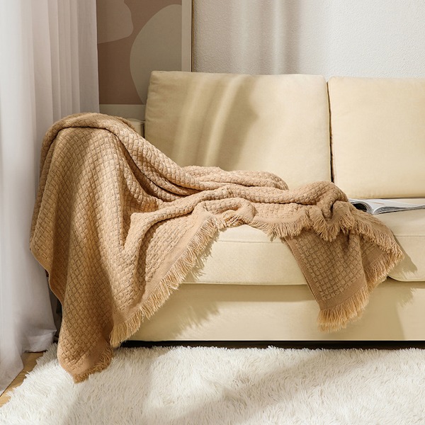 Kastfilt för soffan - Mysig stickad våffelfilt, liten lantlig lätt filt för hösten, kvinna, man, stol, soffa, heminredning camel
