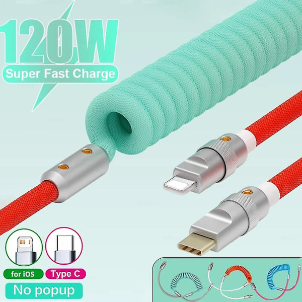 Coiled Lightnings Laddningskabel Lätt indragbar sladd för pekdator USB iOS 1.5M Green Gray