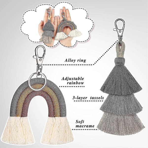 2 delar Boho Regnbågsnyckelringar Pom Pom Frans Makramé Nyckelringar för Kvinnor Flickor