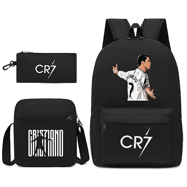 Fotbollsstjärnan C Ronaldo Cr7 ryggsäck med tryck runt om för studenter. Tredelad ryggsäck. Svart 3 Svart 3LYB Black 3 Shoulder bag pencil case