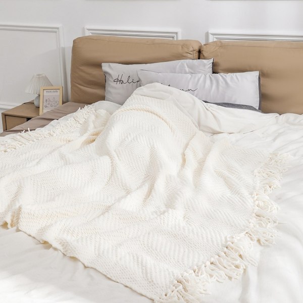Texturerad Stickad Pläd med Fransar - Mjuk, Mysig Filt för Soffa, Säng, Vardagsrum - 127 x 165 cm off-white