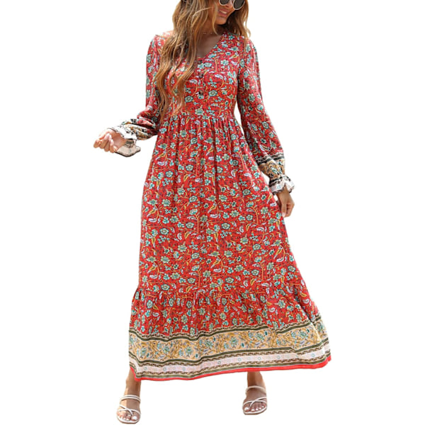Langærmet Maxikjole til Kvinder - V-udskæring Casual Knap-ned Boho Blomsterprint Efterår Lange Kjoler
