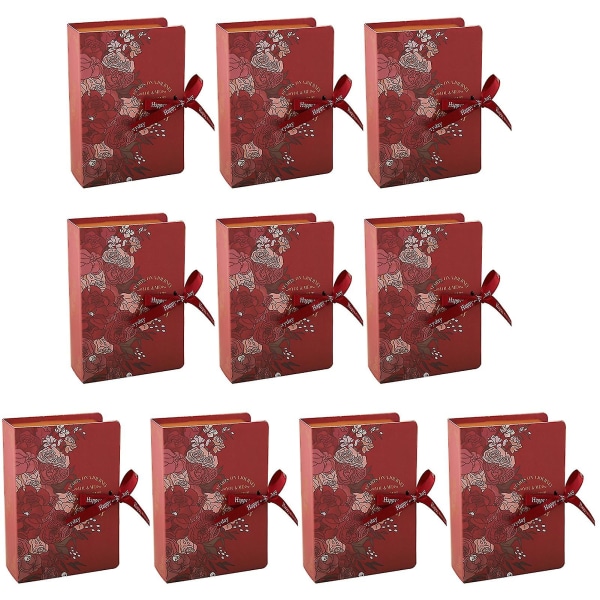10st Bokform Presentpaket Box Print Papper Bröllopsfavor Presentpaket Box för födelsedag Wine Red