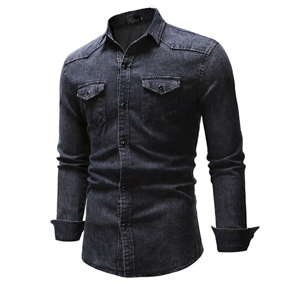 Langærmet denimskjorte til mænd, mørkegrå dark grey XL
