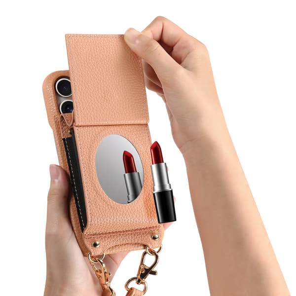 iPhone Litchi-læderpung med lang rem, spejl og harmonika-kortlommer til kontanter og læbestift, håndfrit cover til kvinder iPhone 14 Plus